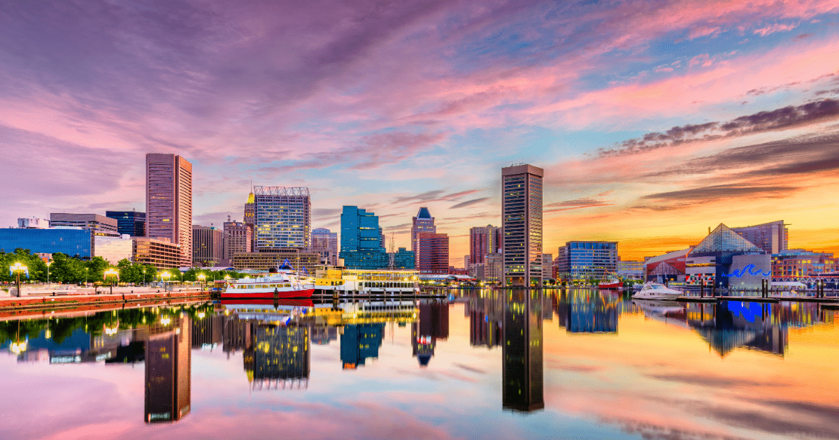 Baltimore Inner Harbor skyline — Maryland real estate market served by Greg Leverton